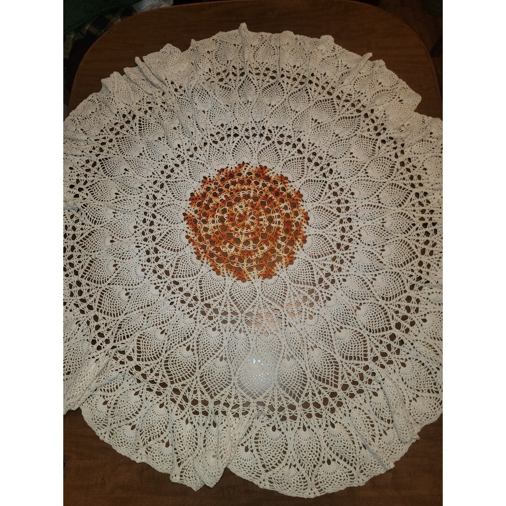 Vtg Crochet Lace Round Table Doilie Top Floral 48" Ivory Orange Tablecloth B12
